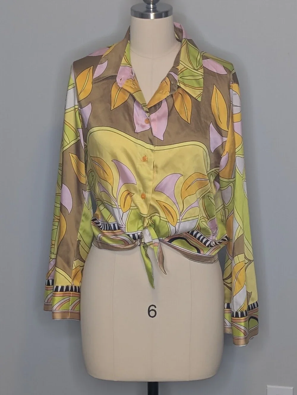 Zara Tie-Front Button Down Shirt in Yellow, Green, Pink Brown Size Medium New